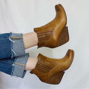 Kork-Ease | Orangey Brown Leather Western Wedge Heeled Booties Ankle Boots
